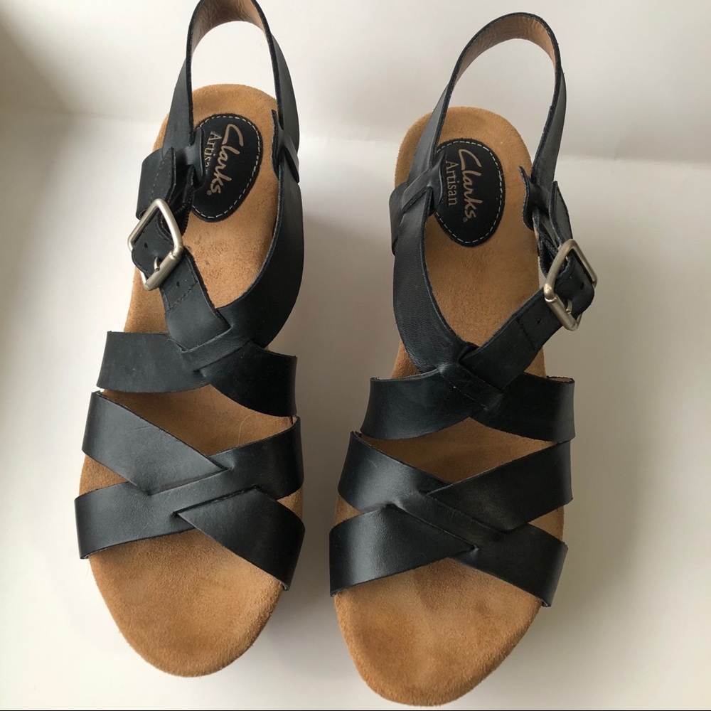 Clarks Artisan Leather Strap Cork Wedge Sandals